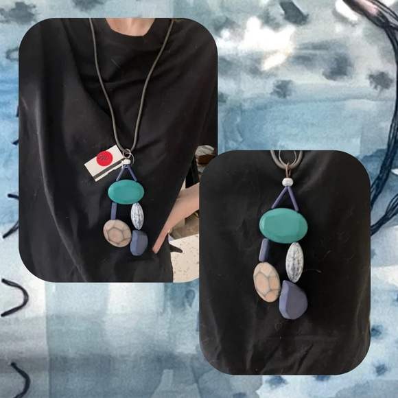 🏷️ 🎉 totw • long leather necklace with large turquoise navy cream stones - Picture 1 of 15